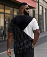 Men's Plus Size Daily Casual Black And White Patchwork Geometric Print Henry Collar Button Short Sleeve T-Shirt